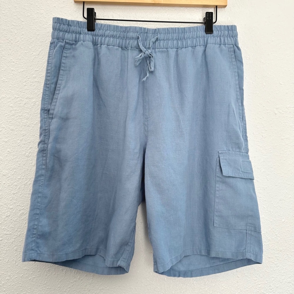Onia Stretch Linen Cargo Shorts Men Large Blue Elastic Waist Coastal Beach
